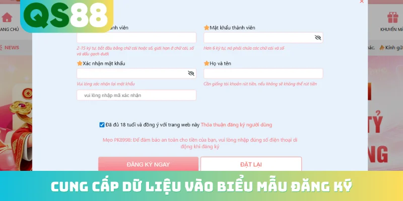 Cung cấp dữ liệu vào biểu mẫu đăng ký