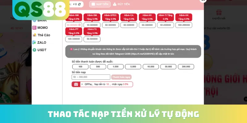 Thao tác nạp tiền xử lý tự động